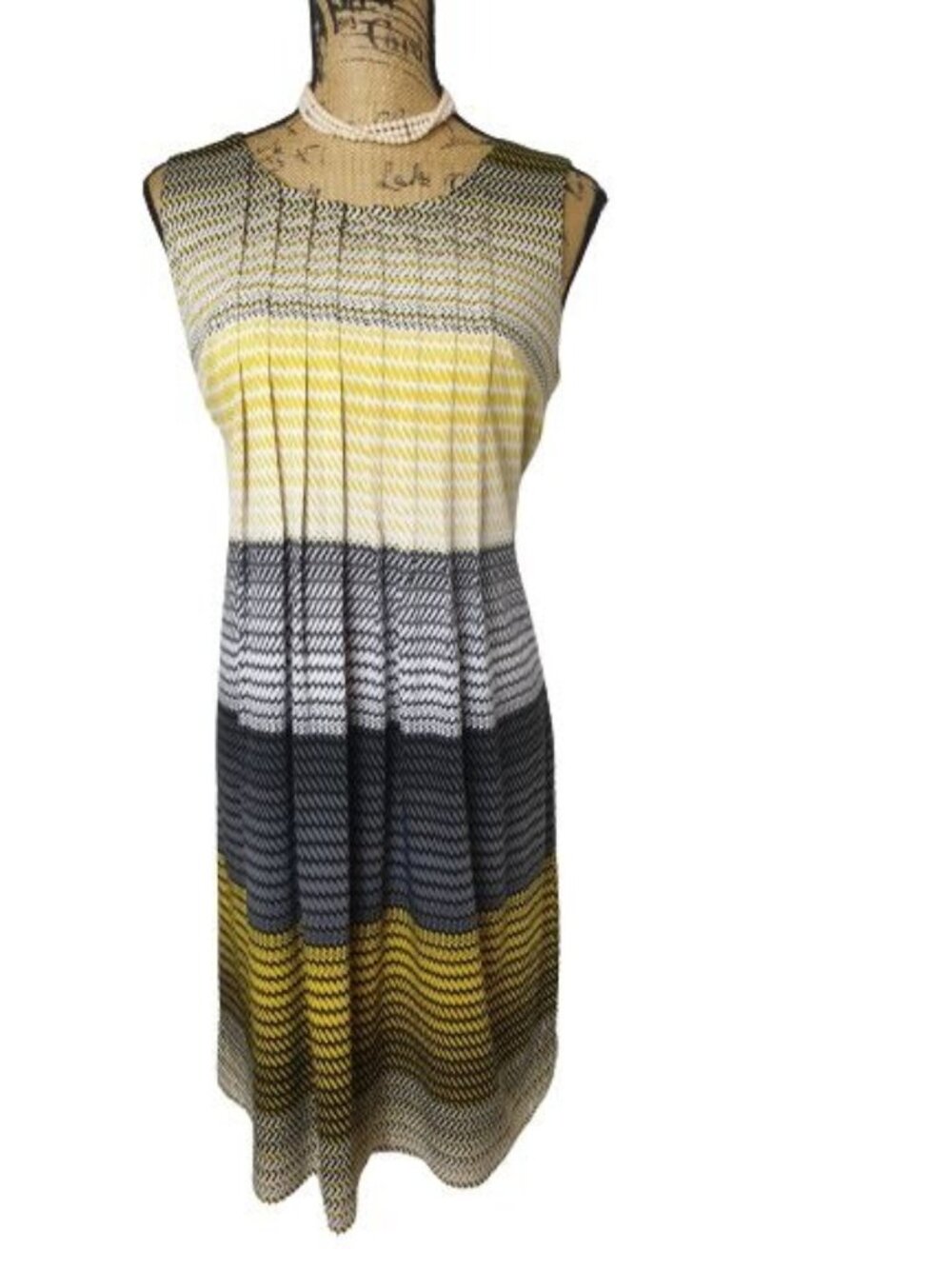 Perceptions NY Womens M Sleeveless Dress Yellow Chevron Stripe Office Elegant